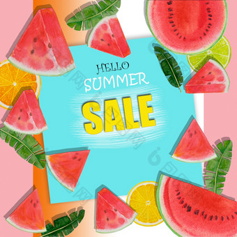 夏天出售背景布局为横幅绘画明亮的水果西瓜柠檬手画水彩绘画色彩斑斓的插图海报壁纸横幅折扣蓝色的背景