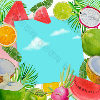 你好夏天<strong>时间</strong>绘画水果与西瓜椰子和橙色手画水彩绘画色彩斑斓的插图海报壁纸为有趣的聚会，<strong>派对</strong>邀请横幅蓝色的空间背景
