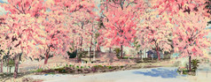 春天花具有里程碑意义的绘画水彩景观粉红色的颜色樱桃开花花路边村与蓝色的天空背景手画插图美自然季节泰国
