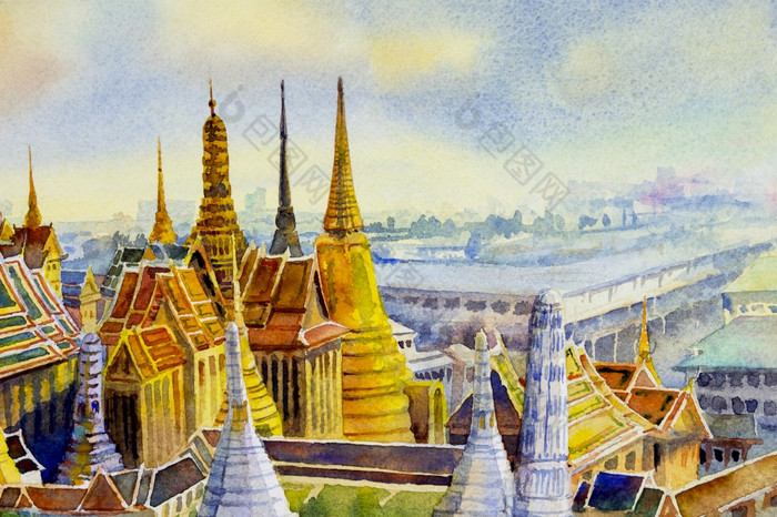皇家大宫和什么phrakeaw日落曼谷泰国水彩绘画景观旅游位置美丽的寺庙的翡翠佛手油漆插图具有里程碑意义的亚洲