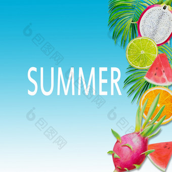 夏天假期绘画水果与西瓜龙水果和橙色手画水彩绘画色彩斑斓的插图海报壁纸为有趣的聚会，派对邀请横幅蓝色的背景