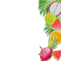 夏天假期绘画水果与西瓜龙水果和柠檬手画水彩绘画色彩斑斓的插图海报壁纸为有趣的聚会，派对促销活动横幅白色背景