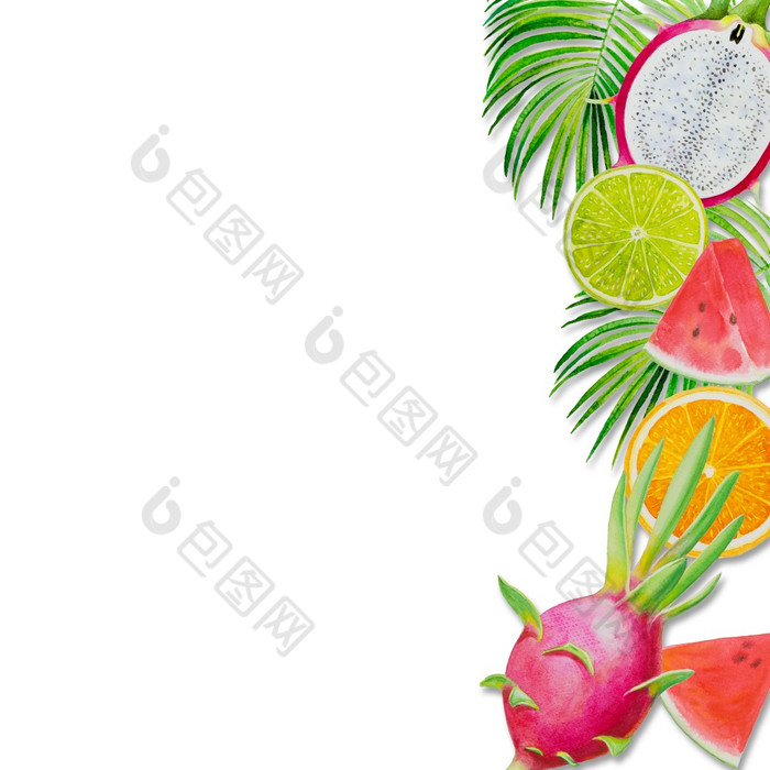 夏天假期绘画水果与西瓜龙水果和柠檬手画水彩绘画色彩斑斓的插图海报壁纸为有趣的聚会，派对促销活动横幅白色背景