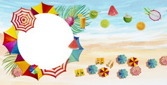 绘画水彩横幅框架海景前视图色彩斑斓的情人家庭和水果假期和旅游夏天的多彩色的伞海波蓝色的背景画插图