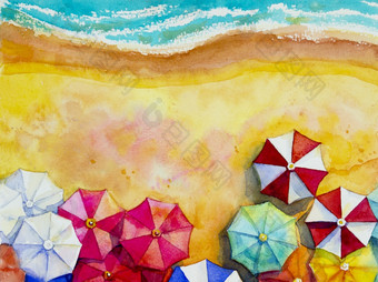 绘画水彩海景前视图色彩斑斓的旅行假期和之旅夏天的多彩色的伞海波蓝色的背景手画与广告海报文本空间插图