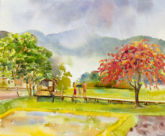 绘画水彩景观原始快乐家庭早....和玉米田草地农村手画蓝色的天空云背景美自然春天季节泰国生活风格概念