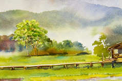 绘画水彩景观原始山和玉米田草地农村手画插图蓝色的天空云背景美自然春天季节与生活风格概念生态