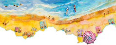 绘画水彩全景海前视图色彩斑斓的家庭假期和旅游夏天多彩色的伞海波蓝色的背景手画海景与广告海报插图