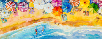绘画水彩全景海前视图色彩斑斓的家庭假期和旅游夏天多彩色的伞海波蓝色的背景手画海景与广告海报插图