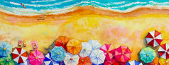 绘画水彩海景前视图色彩斑斓的情人家庭假期和旅游夏天的多彩色的伞海波蓝色的背景手画与广告海报插图