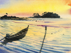 水彩原始景观绘画色彩斑斓的钓鱼船海景和黄色的天空背景