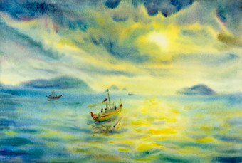 摘<strong>要</strong>水彩海景原始绘画色彩斑斓的钓鱼船家庭生活方式和<strong>情感</strong>太阳能云背景画印象派插图