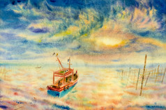 水彩海景原始绘画色彩斑斓的钓鱼船家庭生活方式和情感太阳云底背景画印象派插图