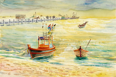 水彩海景原始绘画色彩斑斓的钓鱼船和情感阳光和云底背景