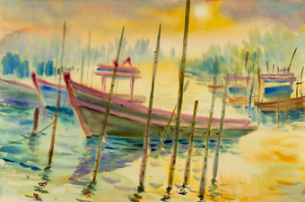 摘要水彩海景原始绘画色彩斑斓的反射的水钓鱼船和情感黄色的光和云底背景