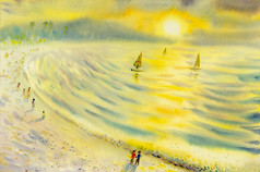 摘要水彩海景原始绘画纸色彩斑斓的航行假期和情感太阳能黄色的晚上背景