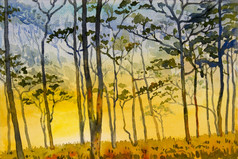 绘画水彩景观原始野火生态山和草地农村手画插图纸森林背景美自然秋天季节