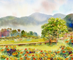 绘画森林水彩景观原始动物鹿家庭概念和生态草地花农村手画插图纸绿色树背景美自然春天季节