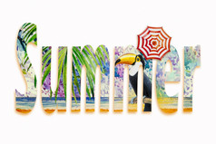 热带夏天文本与巨嘴鸟鸟水彩手画鸟和伞棕榈叶花纹理与海景波海滩和蓝色的黄色的颜色绘画插图白色背景