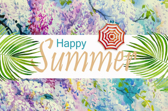 热带夏天文本水彩绘画手画色彩斑斓的伞棕榈叶粉红色的紫色的花与概念明信片横幅广告绘画插图花背景