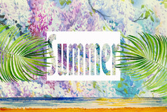 热带夏天文本水彩绘画手画粉红色的紫色的颜色紫藤花和棕榈叶与概念业务明信片横幅广告绘画插图花背景