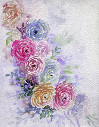 问候卡与粉红色的紫色的玫瑰花柔和的颜色古董花束美春天自然软颜色背景手工制作的水彩绘画插图