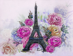 埃菲尔铁塔塔的粉红色的紫色的背景与玫瑰花水彩绘画手画插图法国巴黎浪漫的艺术设计时尚打印问候卡片明信片当代