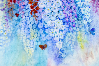 摘<strong>要</strong>水彩原始景观绘画想象力色彩斑斓的美兰花花与蝴蝶和<strong>情感</strong>蓝色的背景