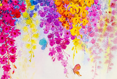 摘要水彩原始景观绘画想象力色彩斑斓的美兰花花与蝴蝶和情感蓝色的背景