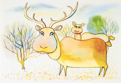 水彩插图可爱的卡通鹿和树背景