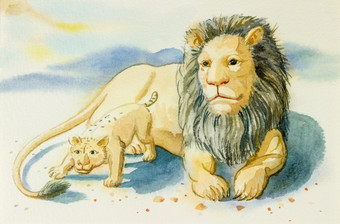 水彩绘画插图可爱的<strong>卡通狮子</strong>和婴儿山<strong>背景</strong>