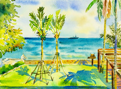 水彩绘画原始海景色彩斑斓的海和绿色花园和情感蓝色的背景