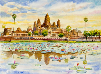 吴哥什么寺庙柬埔寨东南亚洲水彩绘画景观色彩斑斓的体系结构部分自然旅游旅行美丽的季节和天空背景手画插图