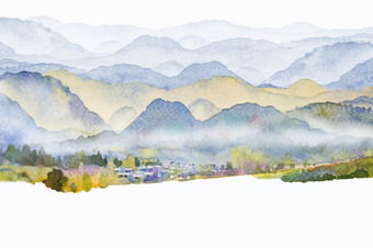 水彩景观绘画色彩斑斓的山草地与装饰的全景前视图和情感农村社会自然美惠蒂背景手画半摘要插图