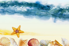 夏天时间水彩海景绘画色彩斑斓的海海滩波和海星壳牌和情感夏天的假期的自然美季节手画集合设计插图