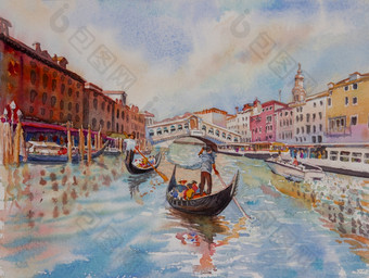 旅行威尼斯运河与旅游贡多拉绘画具有<strong>里程碑</strong>意义的意大利与历史视图意大利水彩景观原始绘画五彩缤纷的纸插图具有<strong>里程碑</strong>意义的的世界
