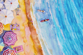 绘画水彩海景前视图色彩斑斓的情人家庭假期和旅游夏天的多彩色的伞海波蓝色的背景手画与广告海报插图