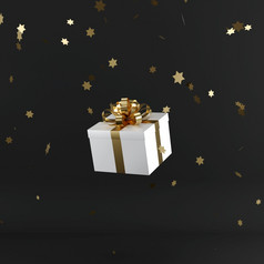 白色礼物盒子与金颜色丝带黑色的颜色背景最小的圣诞节newyear概念渲染