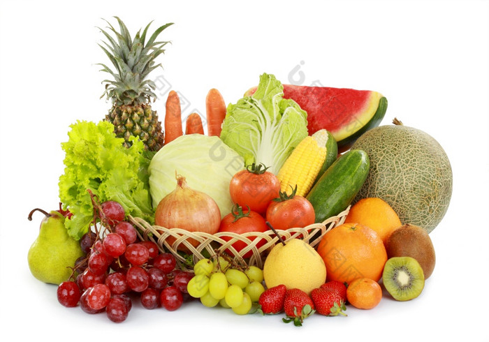集新鲜的水果和蔬菜与篮子孤立的白色背景新鲜的水果和蔬菜