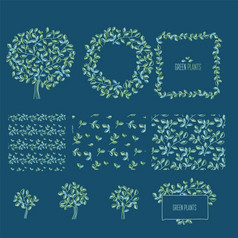 绿色叶子设计元素集无缝的模式帧元素手画宽松的风格花园树叶为头卡标题婚礼邀请向量插图