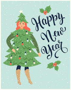 圣诞节卡海报与女孩穿着就像冷杉树和庆祝新一年圣诞节卡海报与女孩穿着就像冷杉树和庆祝新一年