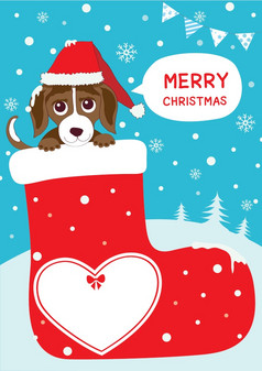 插图向量小贝格勒狗说快乐圣诞节的长袜红色的