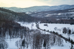 冬天雪山森林与路景观