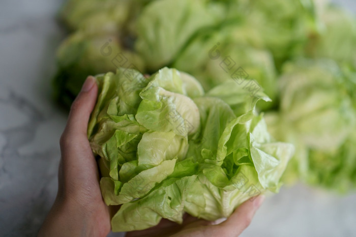 人类手触碰新鲜的沙拉球生菜生菜