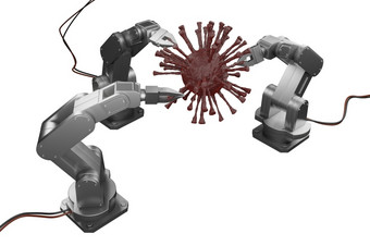 呈现白色<strong>机械</strong>机器人<strong>手臂</strong>与红色的病毒白色孤立的背景冠状病毒概念