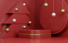 呈现工作室模拟圣诞节背景为产品演讲与圣诞节树雪男人。和装饰红色的背景