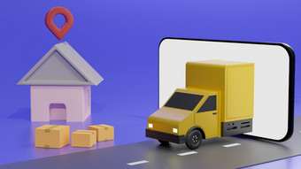 的黄色的卡车的移动电话屏幕在蓝色的背景订单交付在线跟踪呈现