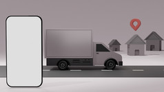 的卡车与白色屏幕移动电话模型在灰色背景订单交付在线跟踪呈现