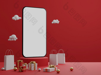 红色的背景与空白色屏幕移动模型礼物盒子和购物袋为广告呈现