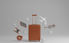 行李与飞机太阳镜和相机在灰色背景旅行概念呈现